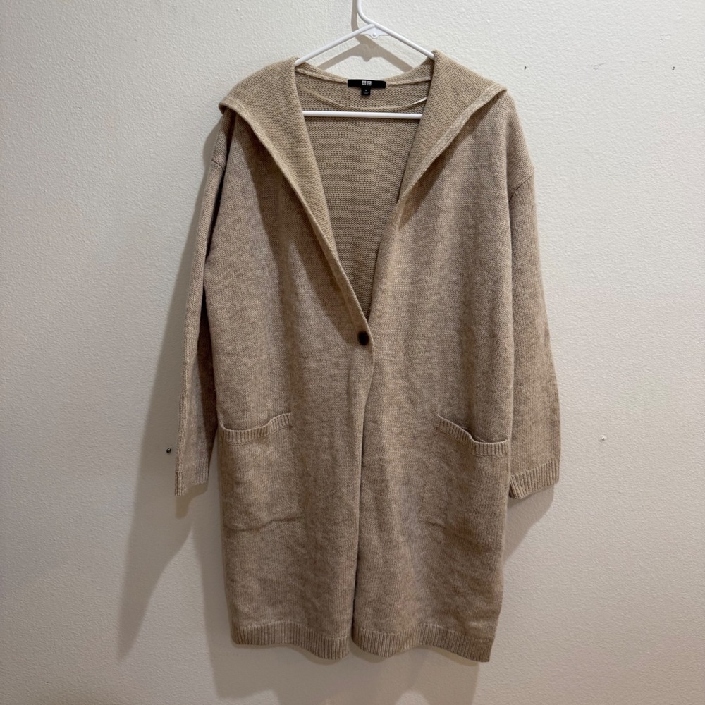 Uniqlo Womens Beige Wool Blend Hooded Long Cardigan Sweater Sz M 251-428871